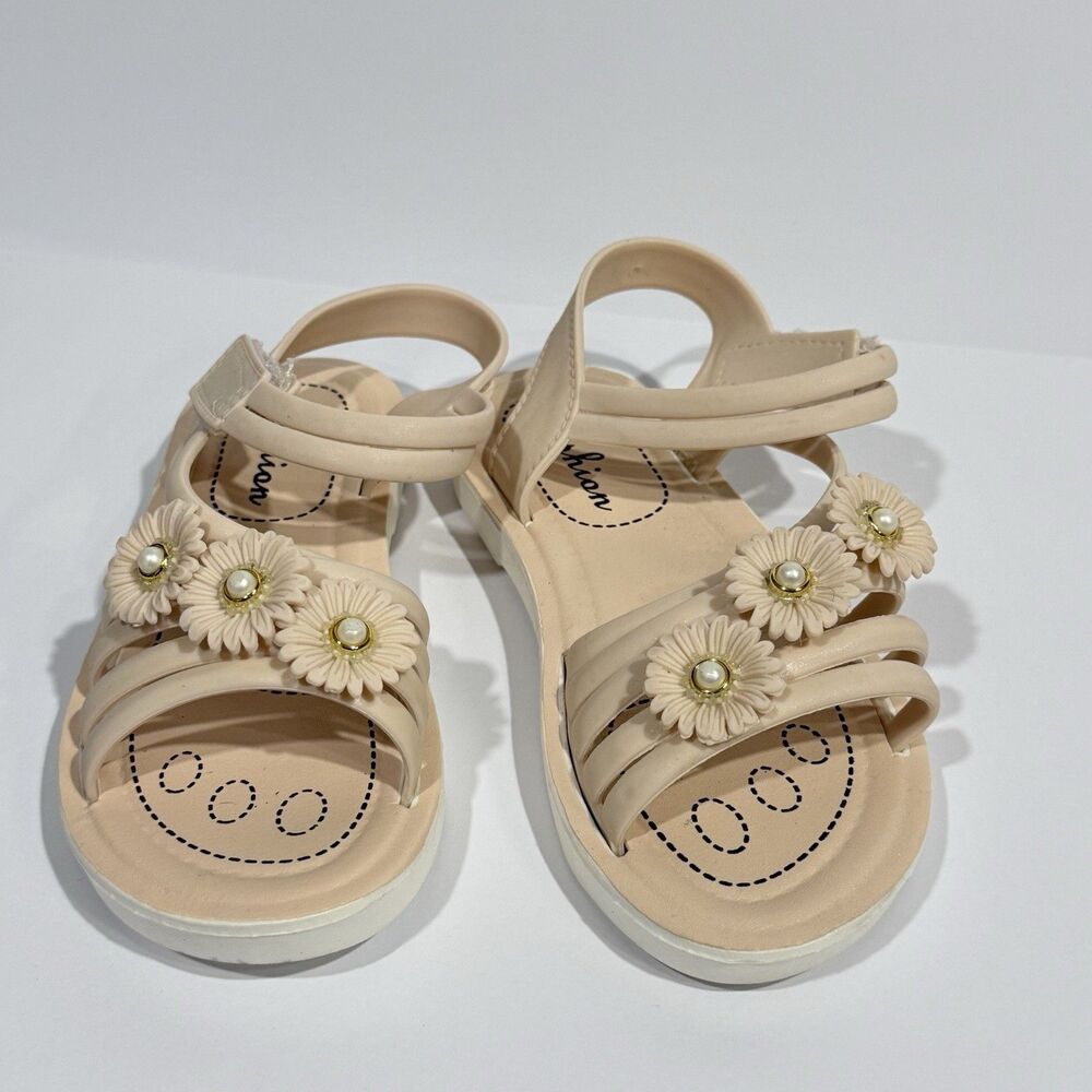 Girls PVC Sandals Size 12 Beige Floral Pearl Non-Slip Summer Shoes Hook & Loop - Picture 13 of 16